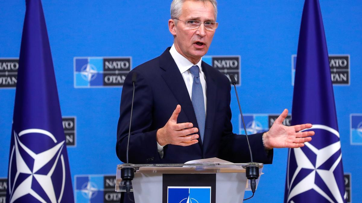 El secretario general de la OTAN, Jens Stoltenberg, en la conferencia de prensa de hoy en Bruselas.