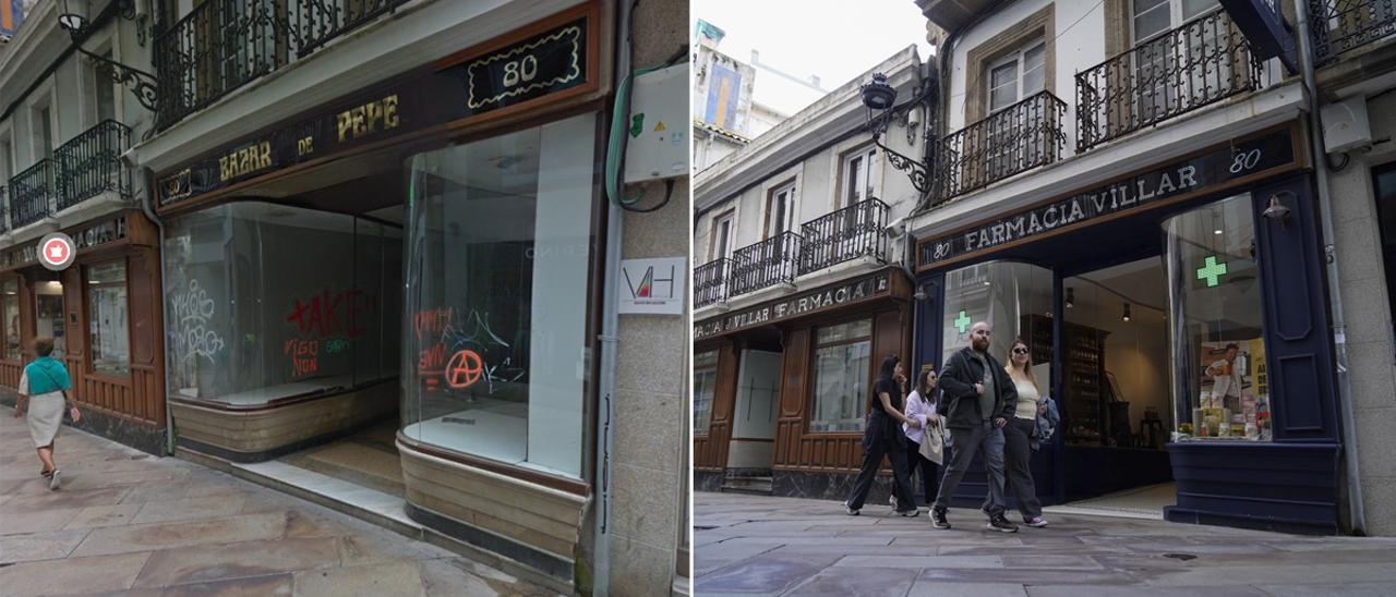 Bazar de Pepe, hoy Farmacia Villar. El traslado de la botica, la más antigua de A Coruña, al local contiguo, situado en calle Real 63, respetó los escaparates de la popular juguetería.