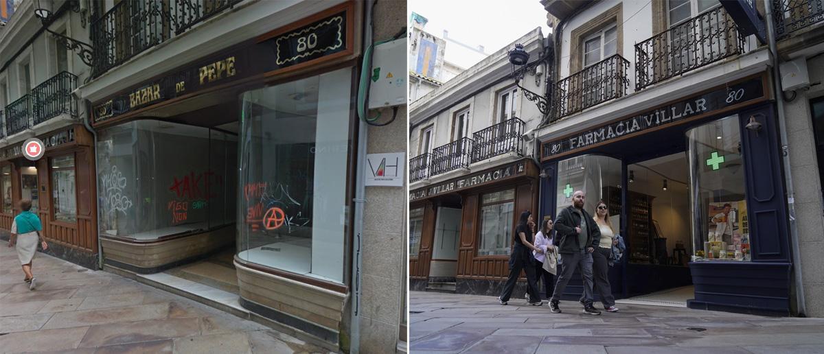 Bazar de Pepe, hoy Farmacia Villar. El traslado de la botica, la más antigua de A Coruña, al local contiguo, situado en calle Real 63, respetó los escaparates de la popular juguetería.