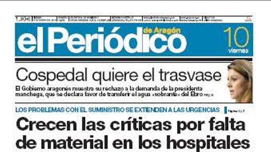 “Crecen las críticas por falta de material en los hospitales”, en la portada de EL PERIÓDICO DE ARAGÖN