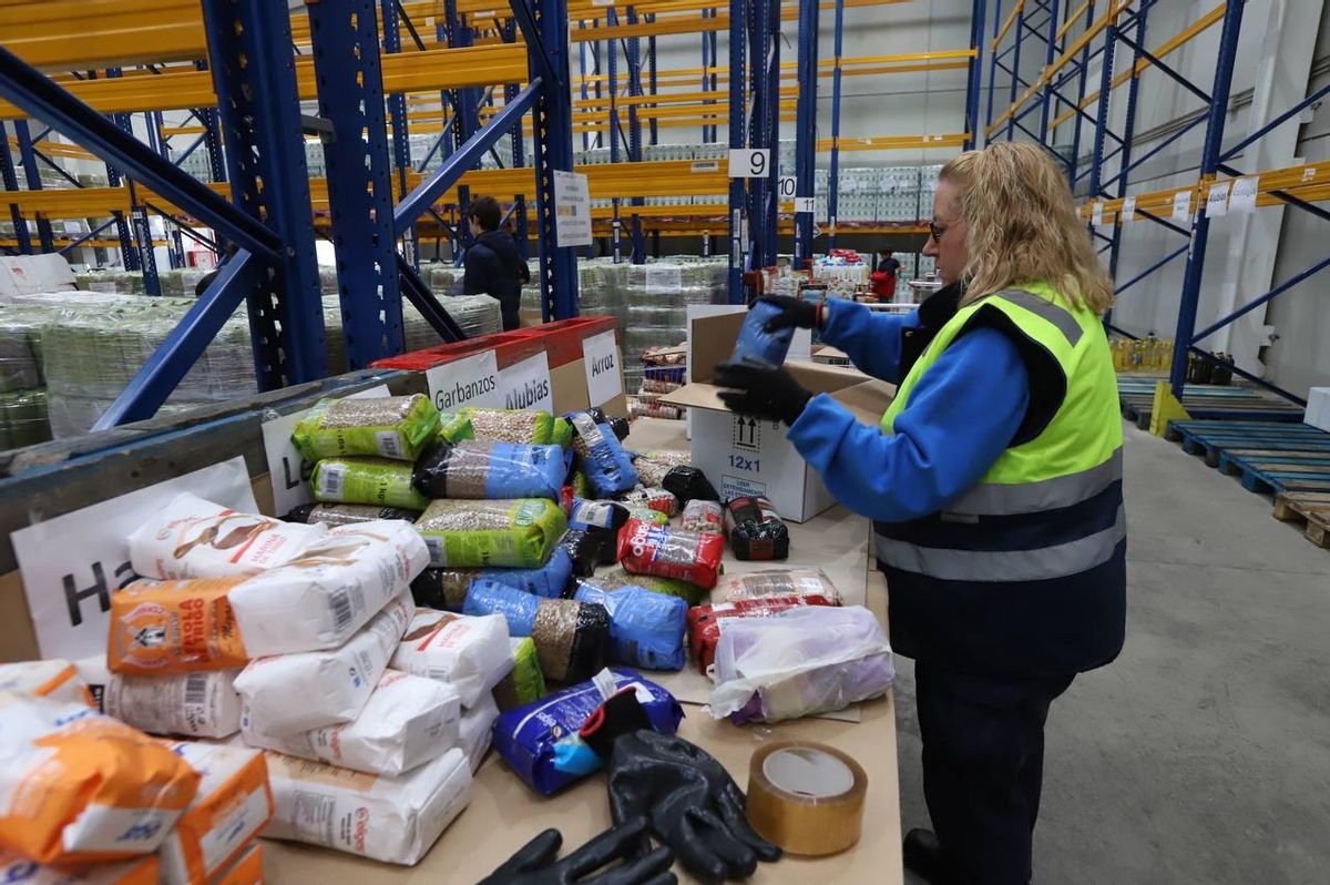 Voluntarios del banco de alimentos clasifican los alimentos recolectados en la Gran Recogida.