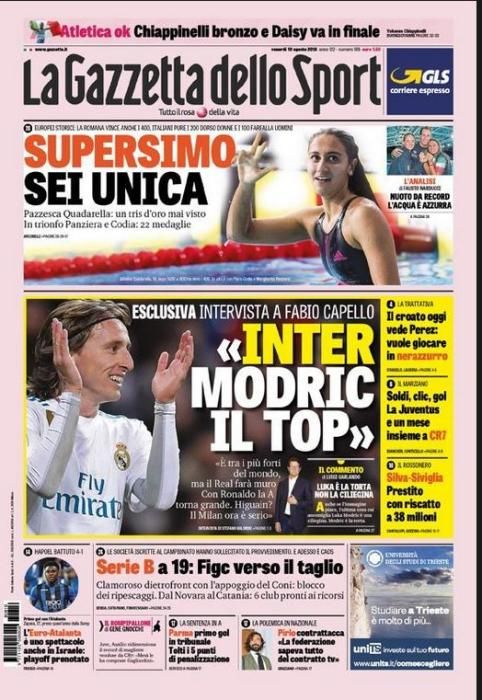 Portada GAZZETTA DELLO SPORT viernes 10 de agosto