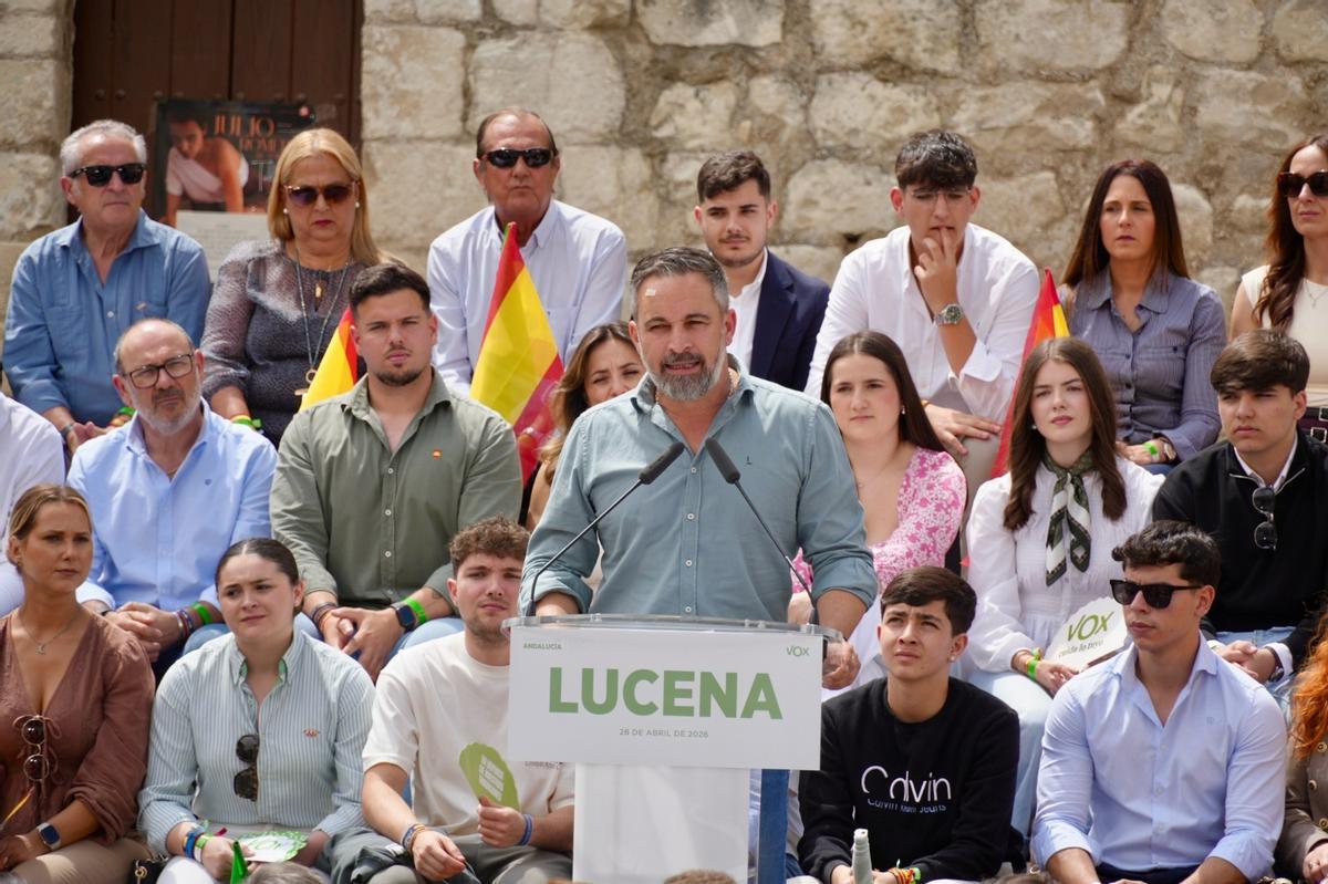 Santiago Abascal, este domingo en el mitin de Vox en Lucena.