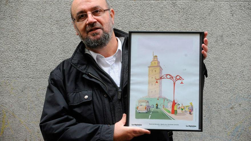 El dibujante Fernando Llorente con una ilustración de la Torre de Hércules.