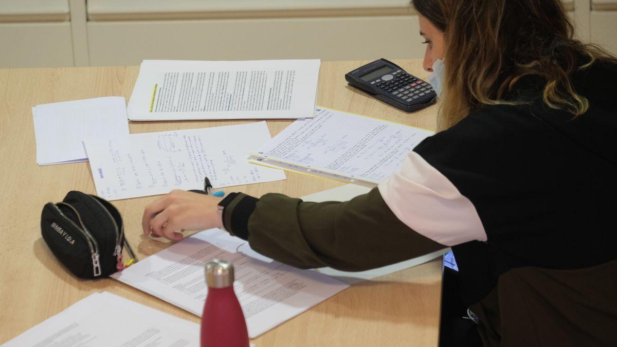 Una estudiantes ante apuntes y esquemas de estudio.