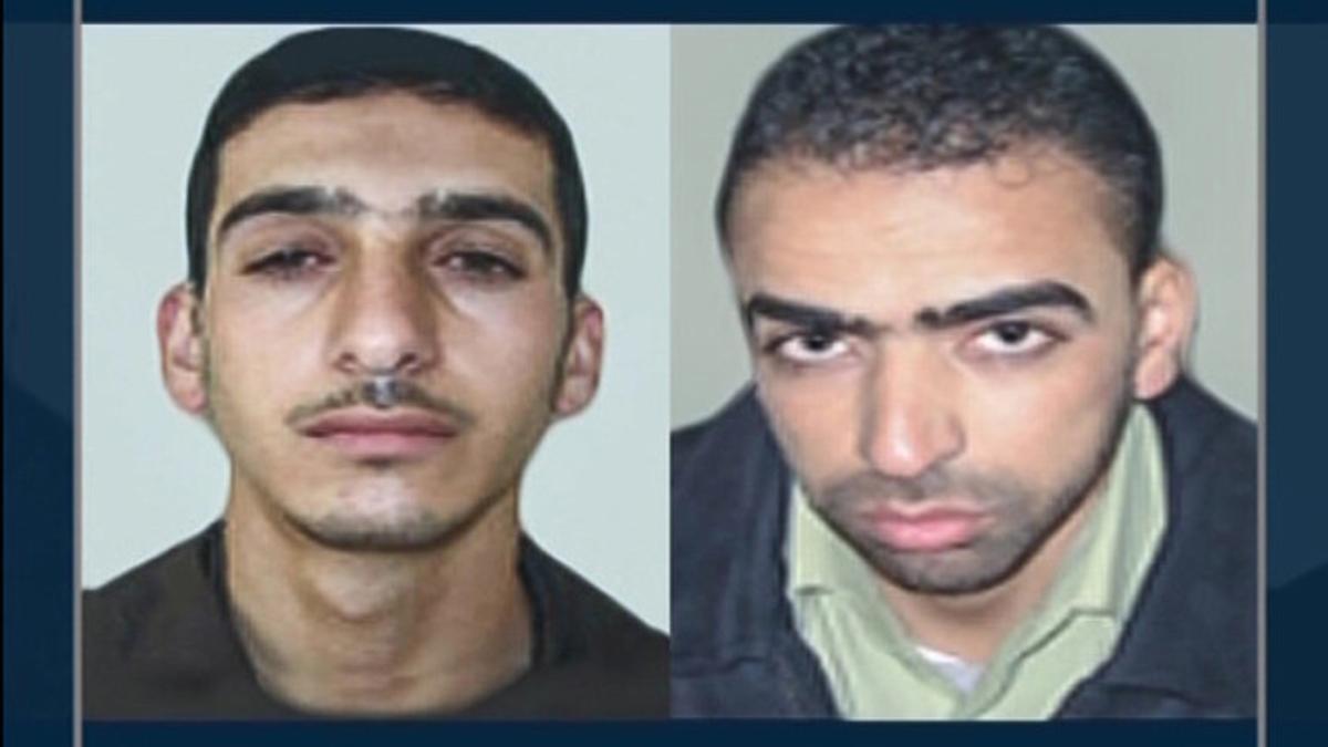 A still image taken from video shows Palestinians Marwan Kawasme and Amar Abu Aysha in this undated handout picture