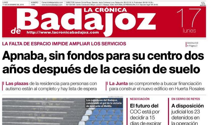 Esta es la portada de LA CRÓNICA DE BADAJOZ correspondiente al día 17 de diciembre del 2018