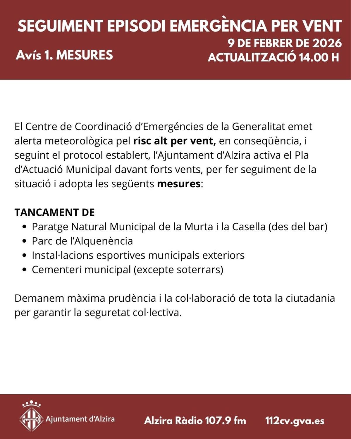 Mensaje difundido por el Ayuntamiento de Alzira con las medidas de precaución.
