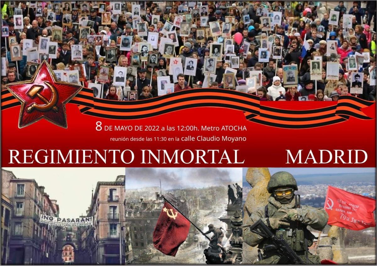 Convocatoria que difunden las organizaciones prorrusas en Madrid para la marcha del 'Regimiento Inmortal', en plena guerra de Ucrania.