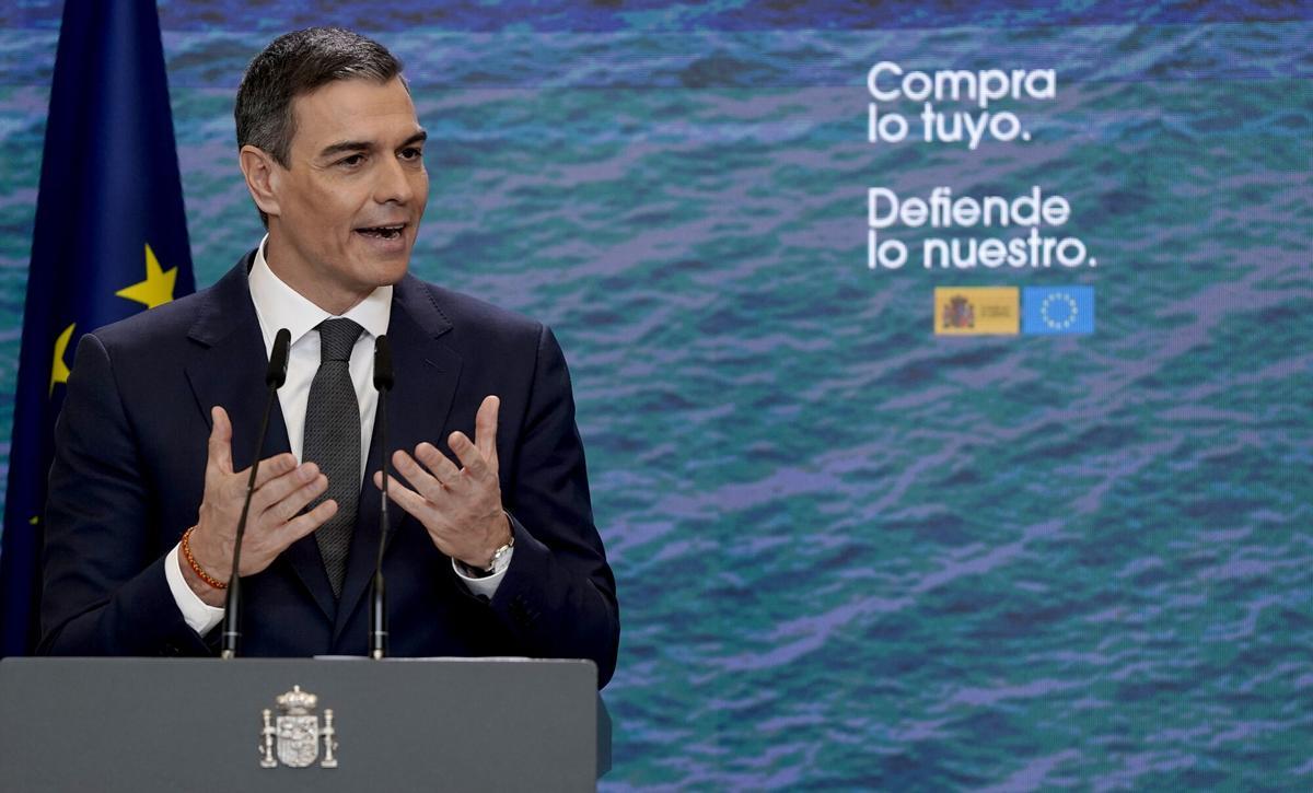 El presidente del Gobierno, Pedro Sánchez, durante su presentación del plan de respuesta a los aranceles este jueves en La Moncloa.