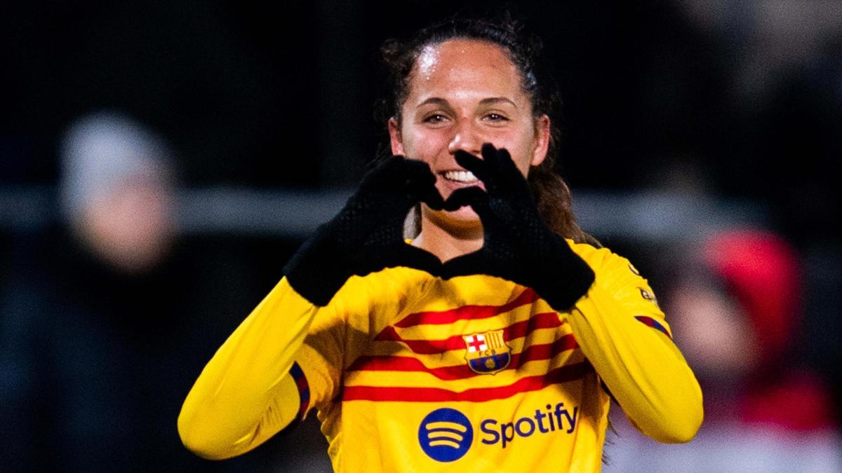 Martina Fernández celebra su primer gol en la Champions