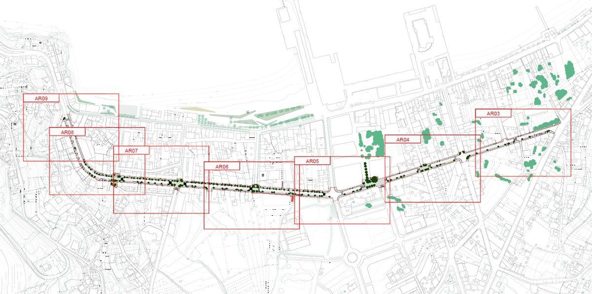 Plano general con las zonas de intervención en el proyecto para la calle Pazos Fontenla, en Bueu.