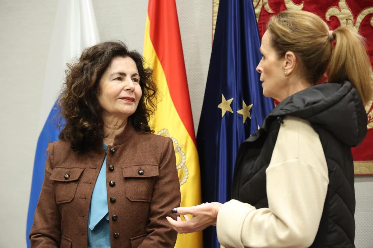 La consejera Matilde Asián conversa con la conservadora Luz Reverón antes de comenzar la Comisión de Presupuestos y Hacienda.
