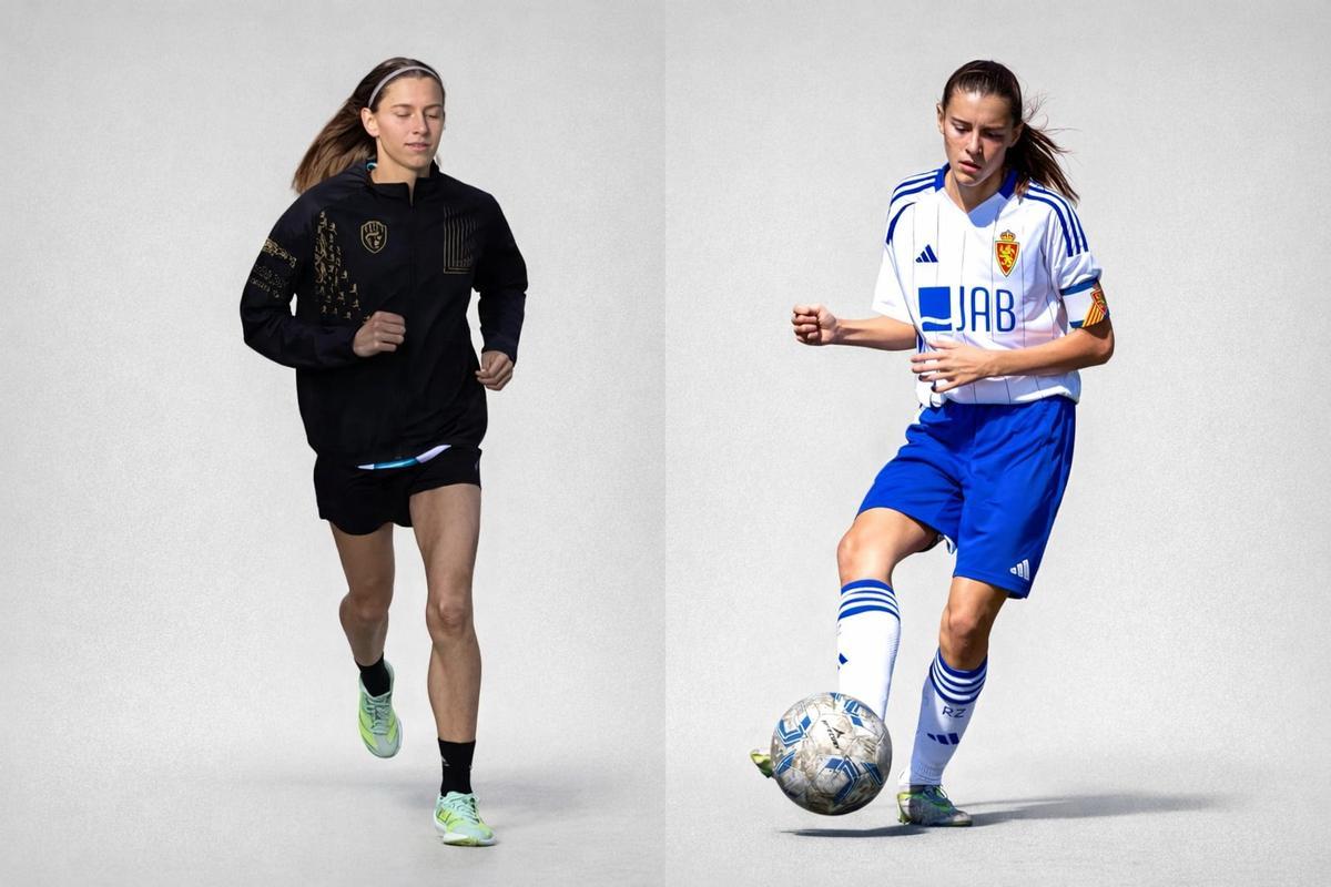 Carlota, durante un entrenamiento de atletismo, a la izquierda, y en un partido con el Real Zaragoza a la derecha.