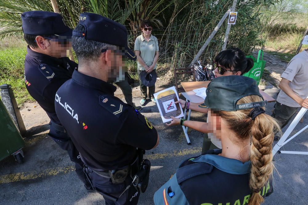 Guardia Civil y Policía cierran el paso a los bañistas en la laguna de Torrevieja. El personal del parque natural y agentes ambientales de la Generalitat informan sobre la prohibición de baño