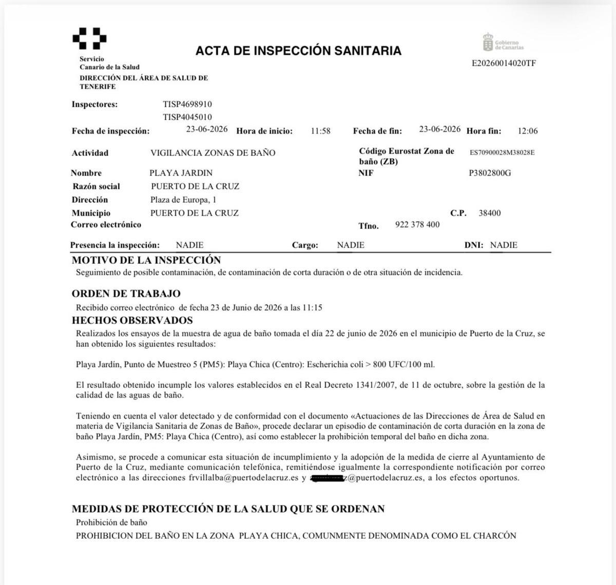 Acta de Salud Pública del 23 de junio en el que alerta del episodio de contaminación y ordena el cierre de una de las tres calas de Playa Jardín.