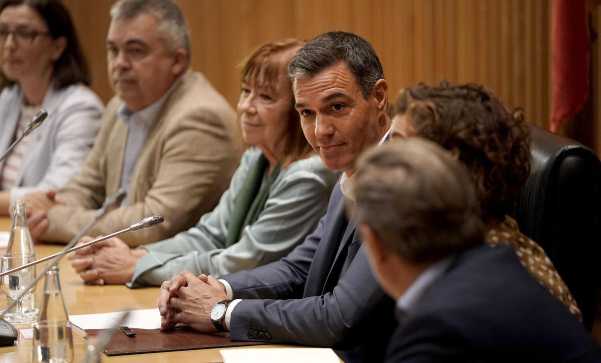El presidente del Gobierno, Pedro Sánchez, interviene en la reunión interparlamentaria del PSOE el pasado lunes.