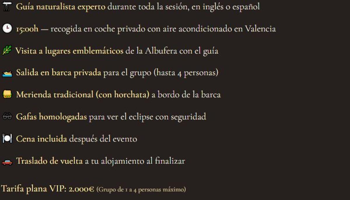 Anuncio que ofrece una experiencia VIP para ver el eclipse desde l'Albufera de València por 2.000 euros.