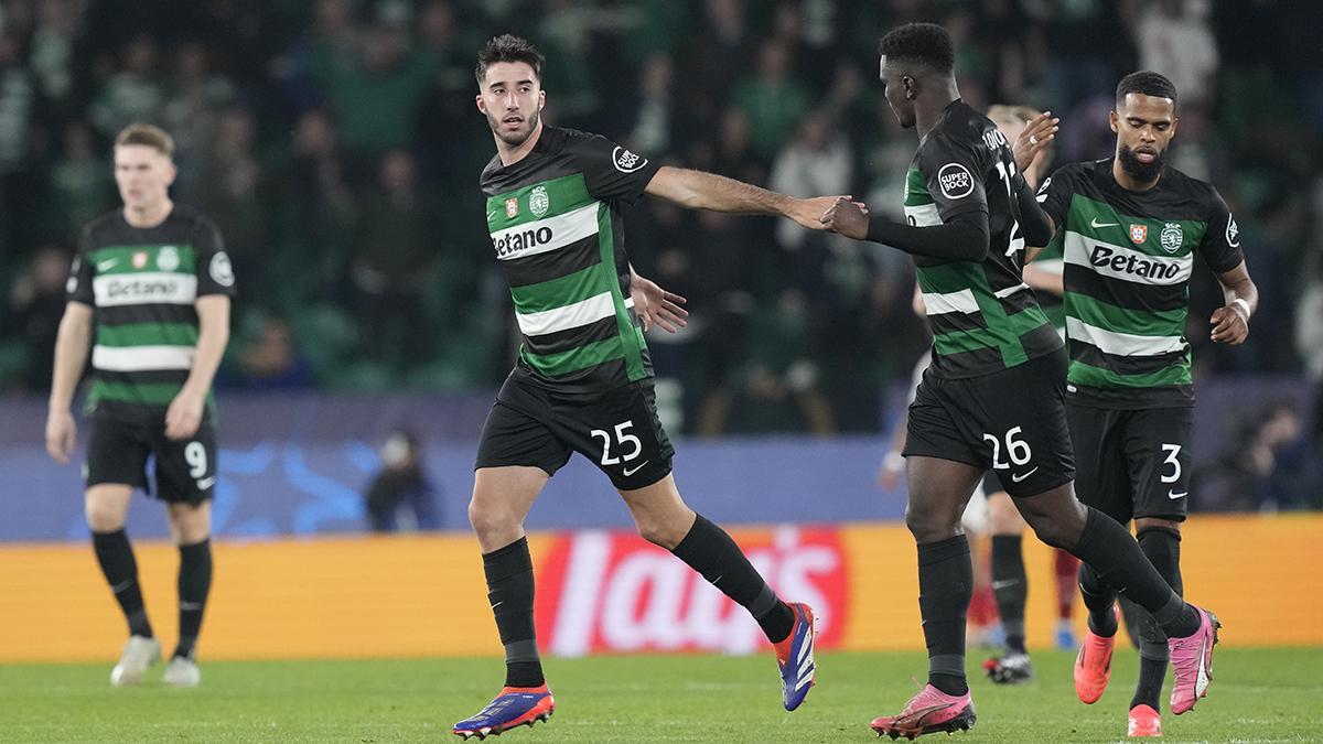 Gonçalo Inácio celebra su gol ante el Arsenal en el partido de la Champions League