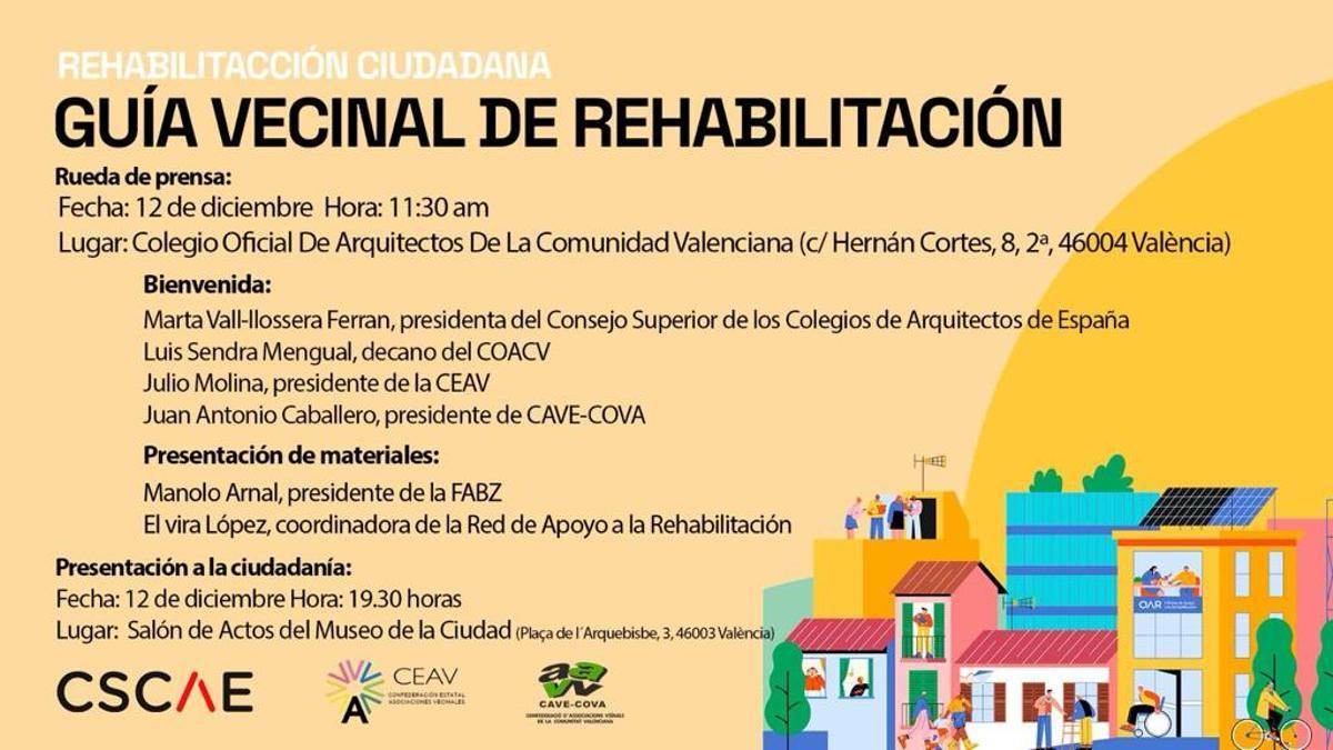 Cartel que anuncia la presentación de la &quot;Guía vecinal de rehabilitación&quot;.