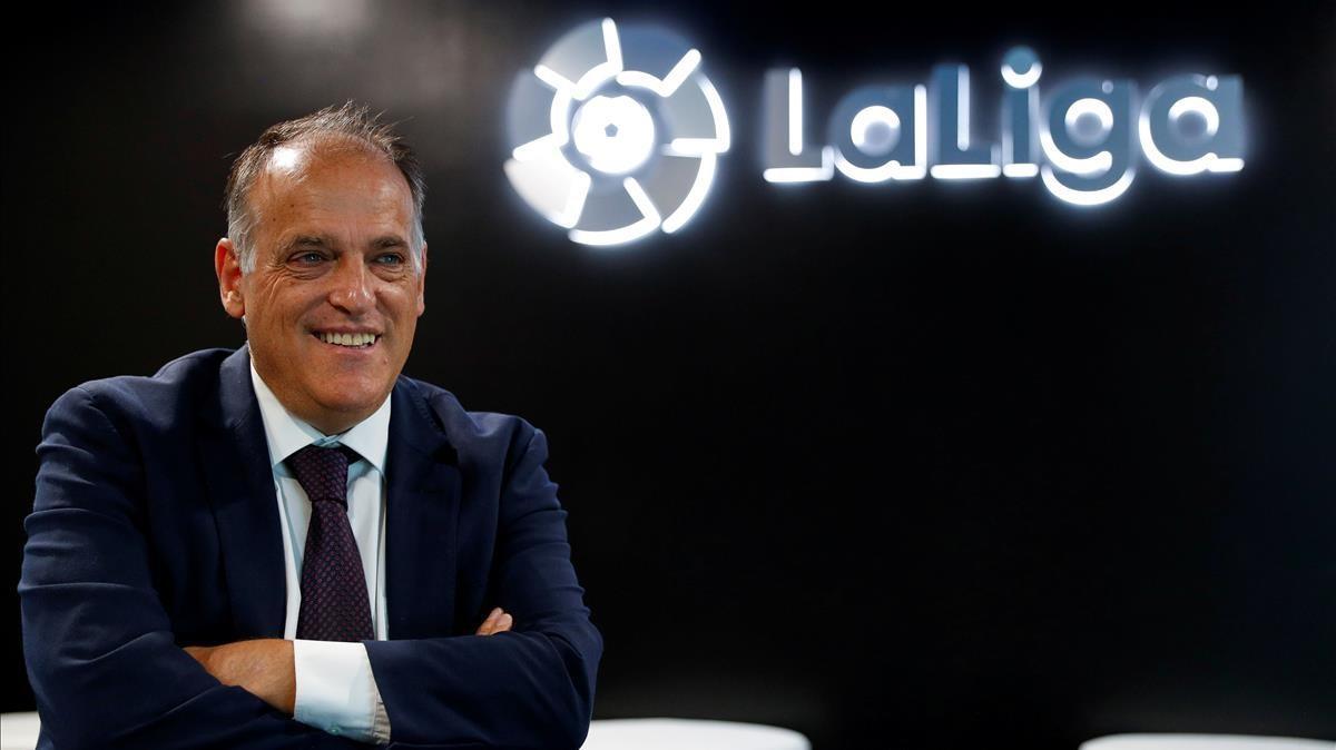 Tebas, en la sede de la Liga de Fútbol Profesional (LFP).