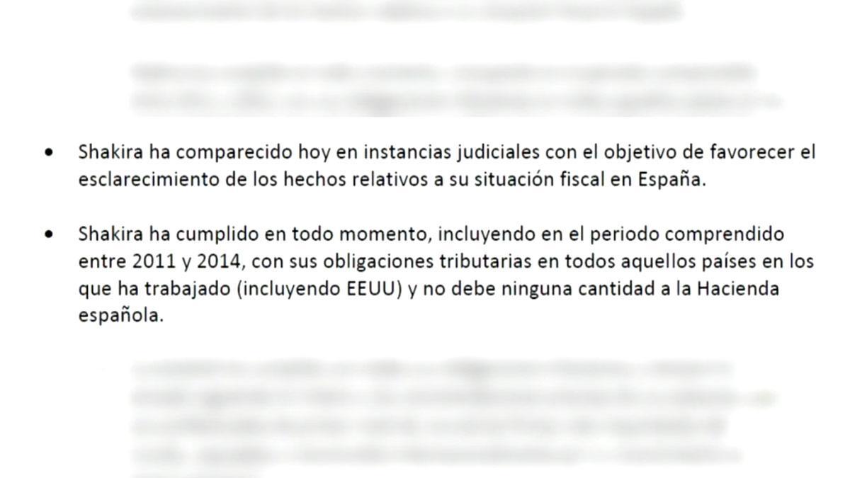 Comunicado de prensa en el que Shakira alega que comenzó a vivir en España en 2015 y que no debe a Hacienda.