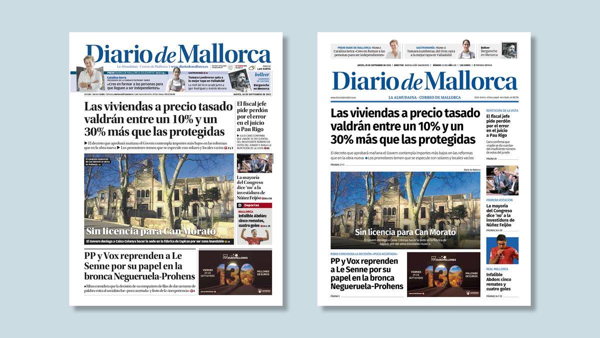 A la izquierda, la antigua portada, y a la derecha, con el nuevo diseño de Diario de Mallorca.