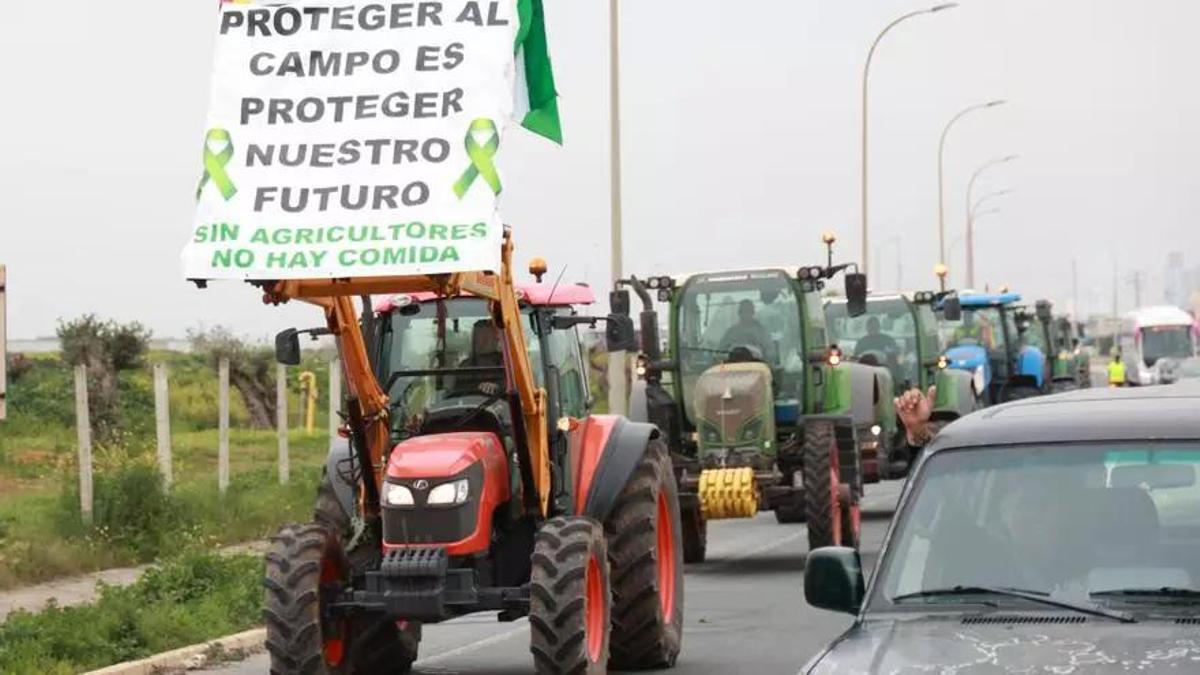 Tractores cortan la carretera SE-3205 de acceso al polígono La Isla de Dos Hermanas (Sevilla). A 8 de febrero de 2024, en Dos Hermanas