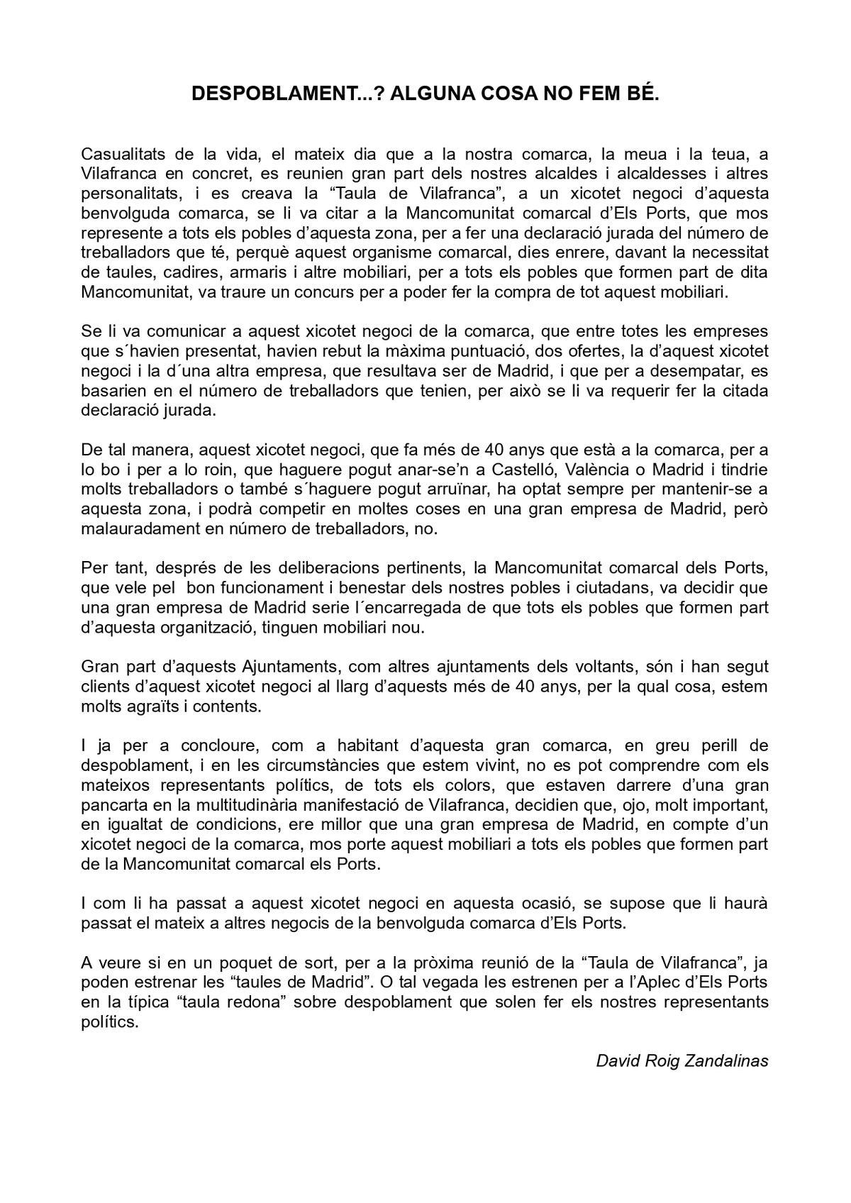 La carta íntegra redactada por el empresario de Vilafranca afectado.