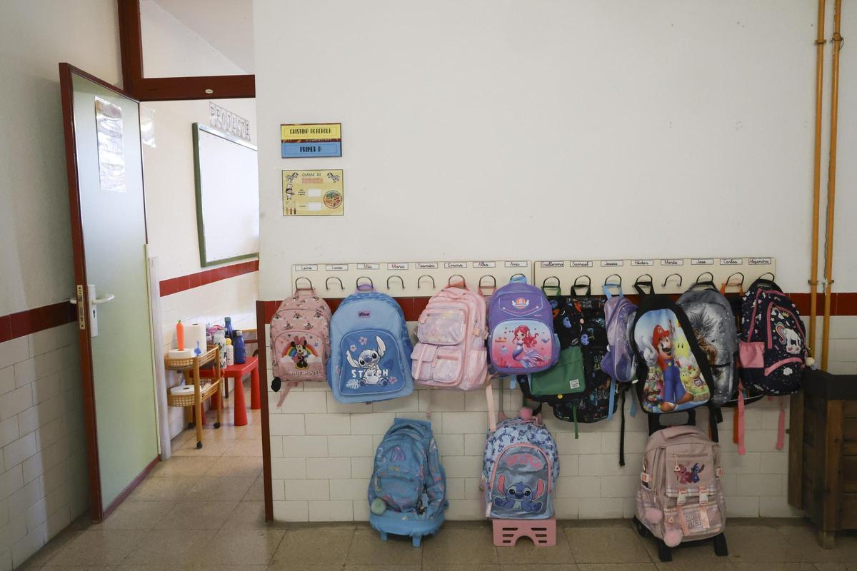 Mochilas de niños en un colegio de la provincia