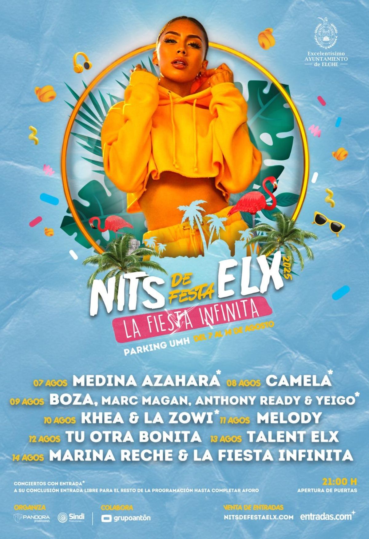 Cartel con todos los grupos y cantantes que actúan en las Fiestas de Agosto de Elche este 2025