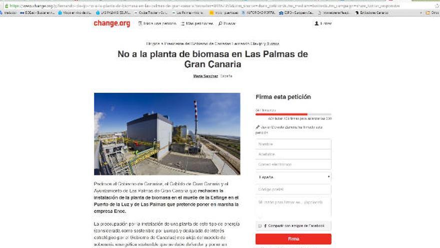 Página de &#039;Change.org&#039; donde se solicitan firmas contra la planta de biomasa.