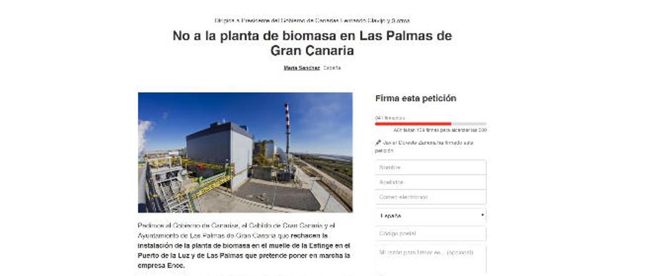 Página de &#039;Change.org&#039; donde se solicitan firmas contra la planta de biomasa.