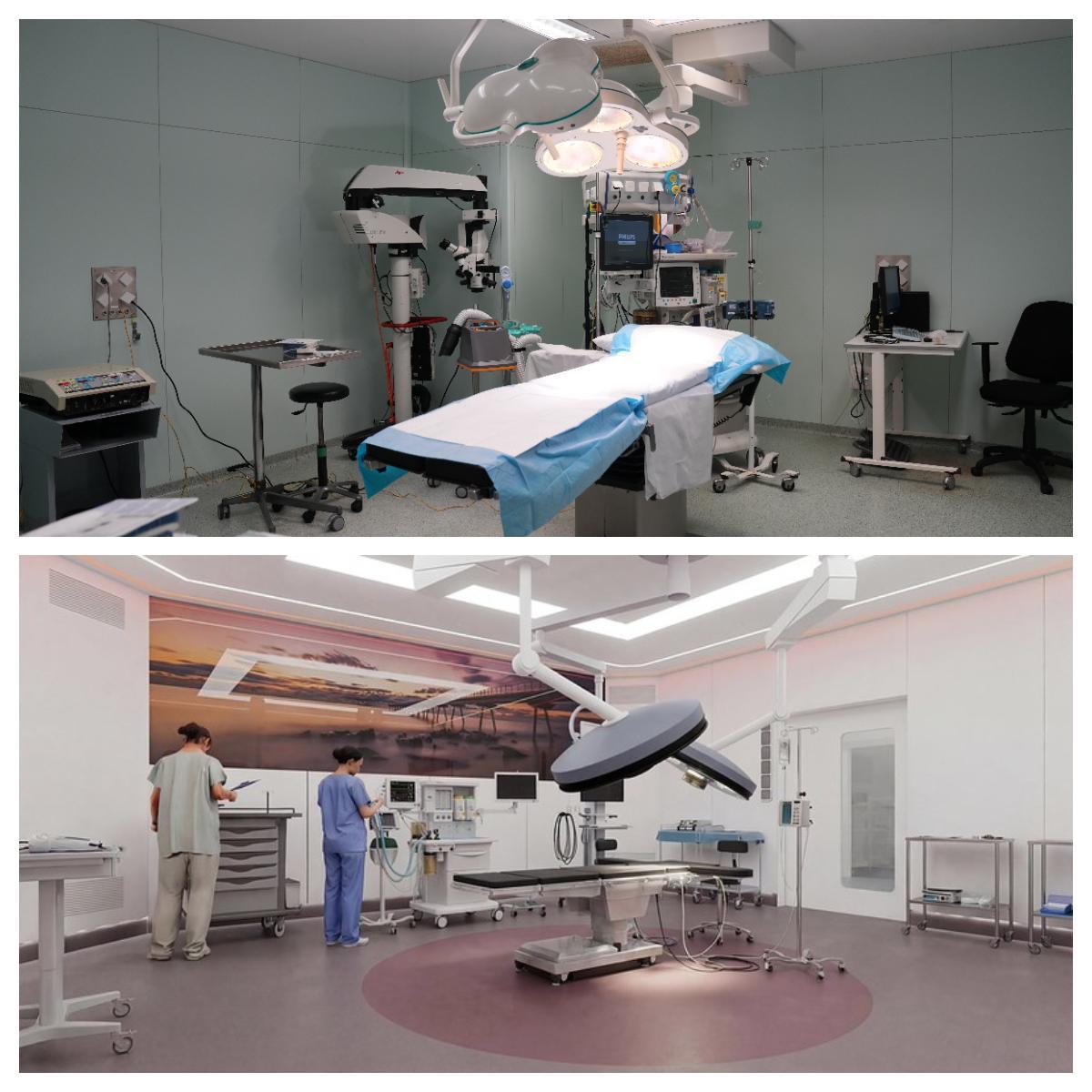 Arriba, uno de los actuales quirófanos del hospital (en una imagen de 2024); abajo, una imagen virtual de cómo serán los nuevos quirófanos