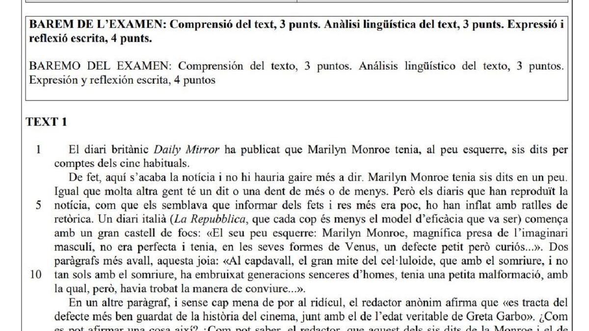 Este ha sido el examen de Valenciano en la Selectividad