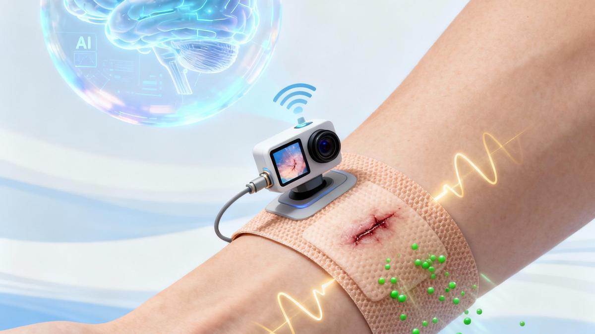 Recreación conceptual del proceso de curación acelerada: el dispositivo inteligente fotografía la herida, la IA procesa los datos y activa un tratamiento bioelectrónico para regenerar el tejido de forma más rápida y eficiente.