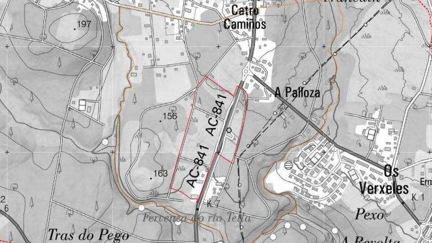 El recuadro rojo del centro enmarca el terreno destinado a polígono empresarial d eTeo, entre Catro Camiños y A Ramallosa