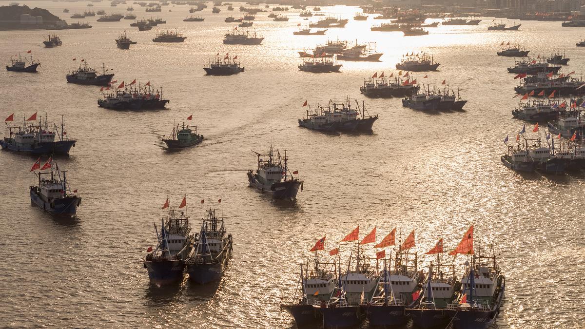 Nombrosos vaixells pescant a Zhejiang, a la Xina; la imatge forma part de la mostra sobre els impactes de la pesca industrial al món