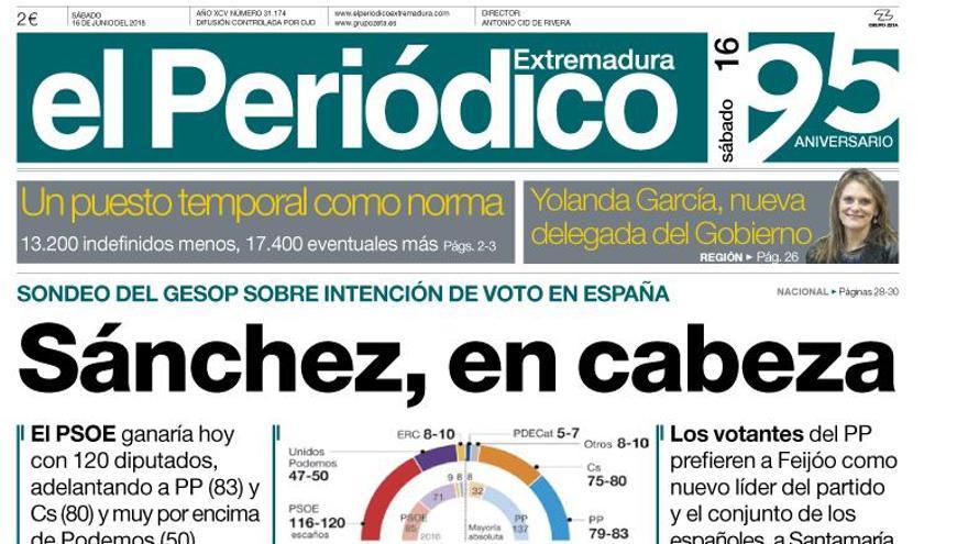 Esta es la portada de EL PERIÓDICO EXTREMADURA correspondiente al día 16 de junio del 2018