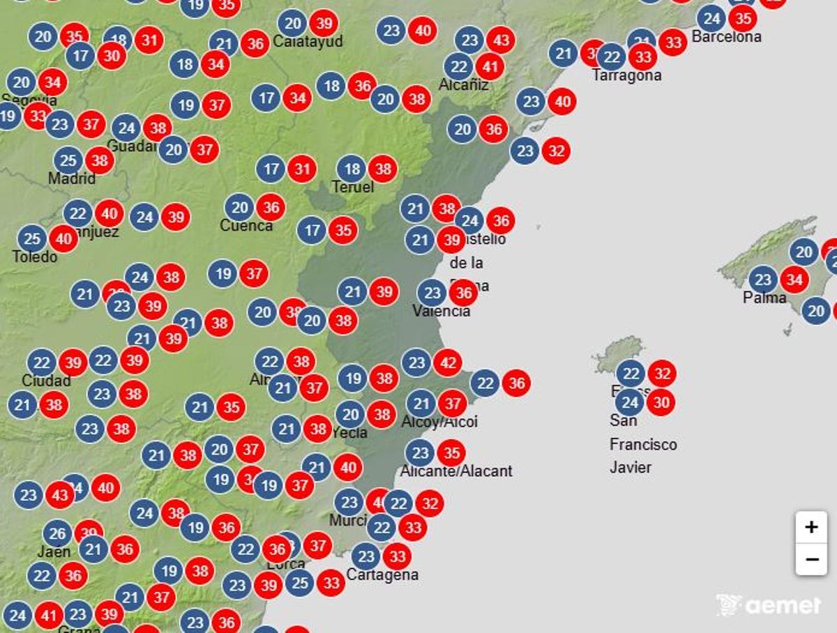 Máximas y mínimas para el martes 7 de julio en la Comunitat Valenciana.