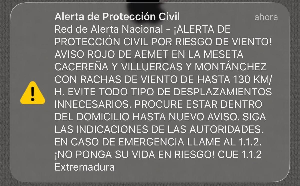 Mensaje de alertas enviado a las 09:42h de este miércoles