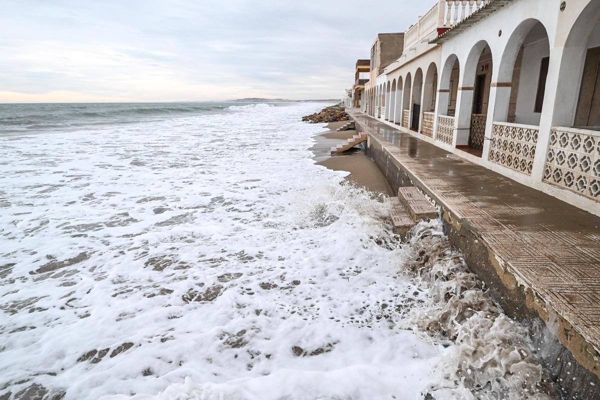 Un mar embravecido por el temporal Harry engulle playas en Elche y amenaza a las casas de primera línea de El PInet