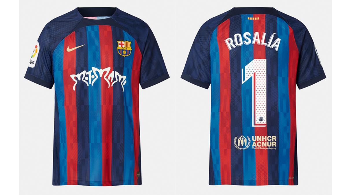 La camiseta del Barça en colaboración con Rosalía con el logo de 'Motomami'