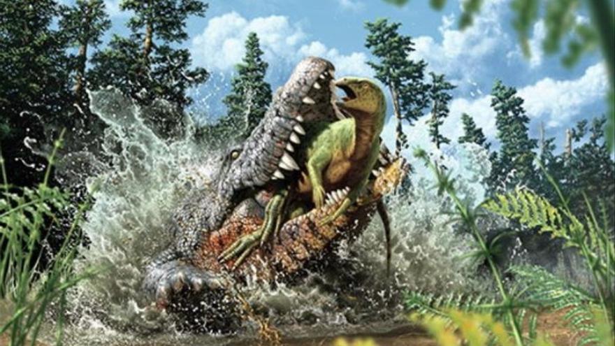 Dinosaur remains found in the fossilized stomach of a prehistoric crocodile