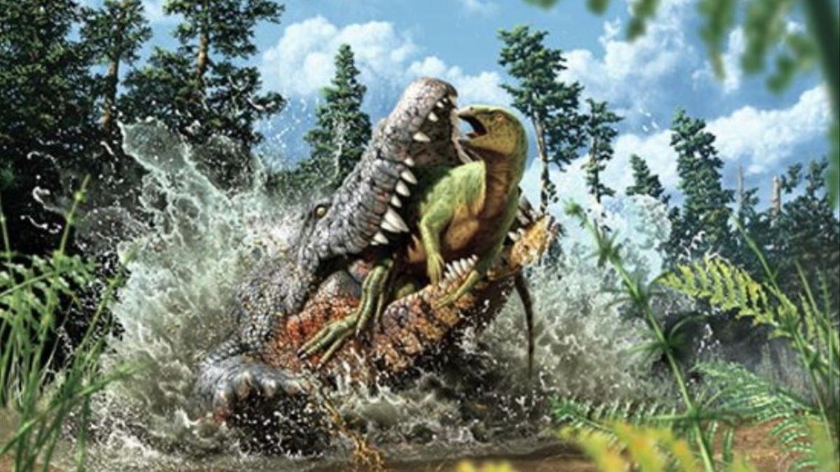 Reconstrucción del ataque del cocodrilo al dinosaurio.