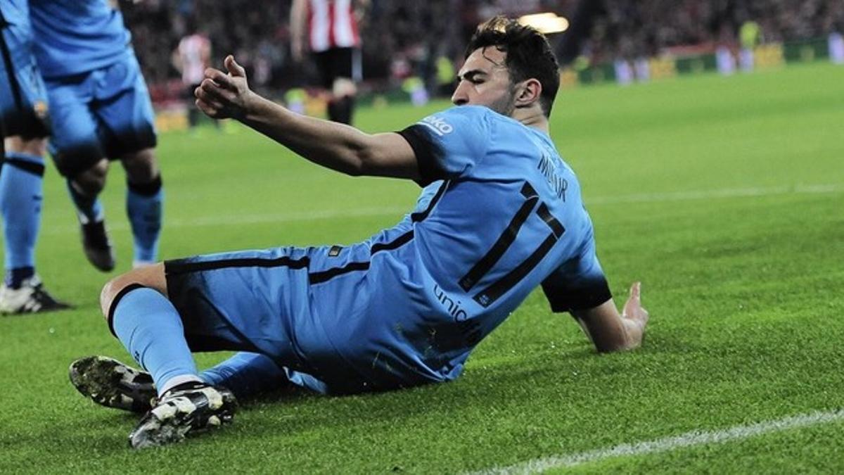 Munir celebra el 0-1 en Bilbao.