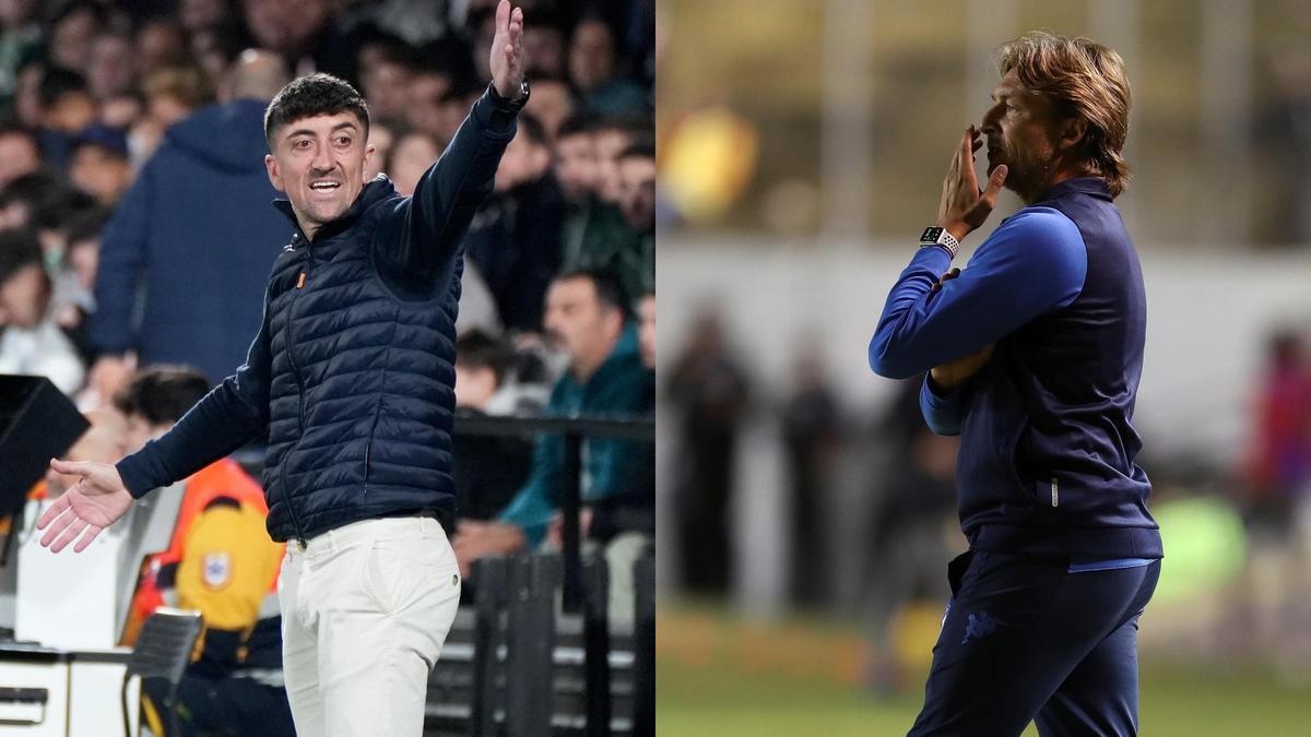 Pablo Hernández, durante un partido del Castellón; y Gabriel Heinze, dirigiendo a Vélez