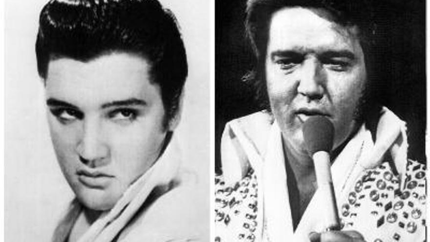 Fotografías del cantante estadounidense Elvis Presley, al comienzo de su carrera musical, en 1956, a la izquierda, y en una actuación en 1973. Solo, arruinado, obeso, consciente de su autodestrucción y sin control sobre su inmenso talento; en ese estado se encontraba Elvis Presley, &quot;El Rey&quot;, el 16 de agosto de 1977, fecha en la que murió. Elvis Aaron Presley, nacido en el seno de una familia humilde en Tupelo (Misisipi) el 8 de enero de 1935, pesaba alrededor de 130 kilos cuando, convertido ya en un ídolo caído, se arrastraba por los escenarios durante los últimos días previos a su muerte, a los 42 años.