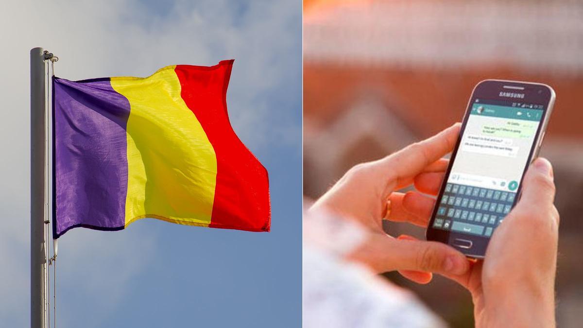 Bandera de Rumanía en una imagen de archivo junto a una persona manteniendo una conversación en una app de mensajería