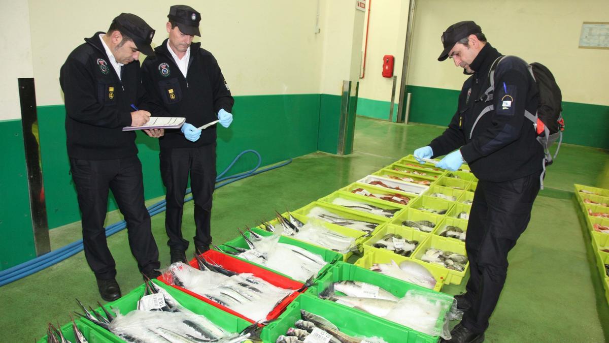 Agentes de la Unidad Operativa de Gardacostas de Celeiro durante una inspección en una lonja.